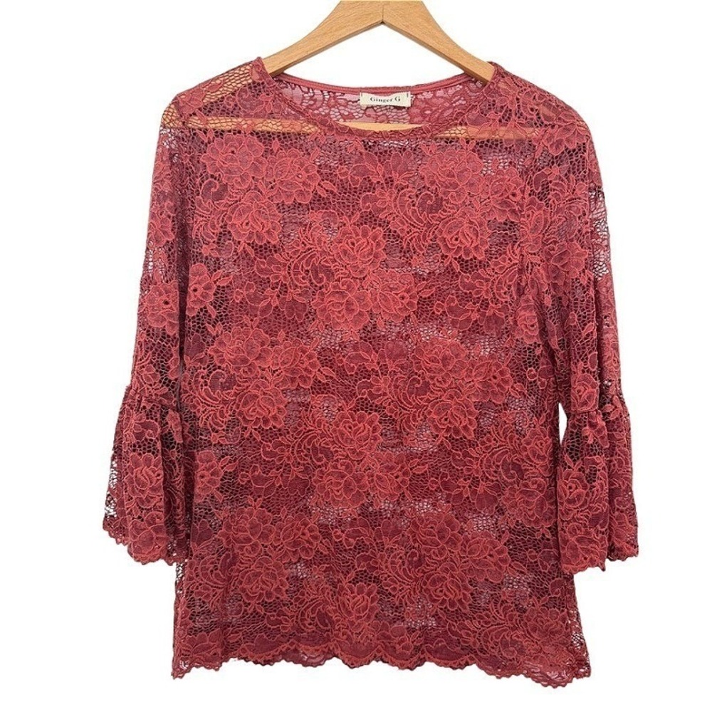 Ginger G Floral Sheer Lace‎ Whimsical Romantic Fairy Core Bell Sleeve Top Small